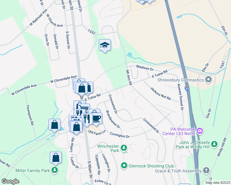 map of restaurants, bars, coffee shops, grocery stores, and more near 249 E Tolna Rd in Shrewsbury