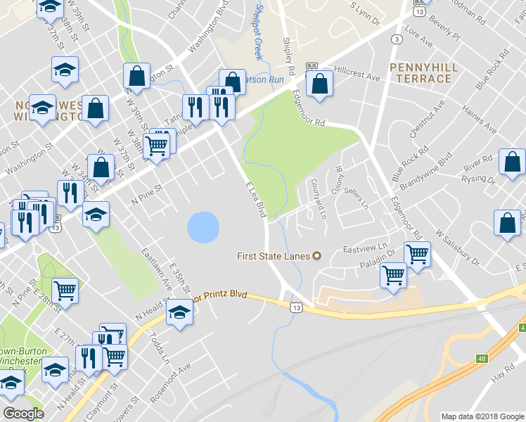 map of restaurants, bars, coffee shops, grocery stores, and more near 121 East Lea Boulevard in Wilmington