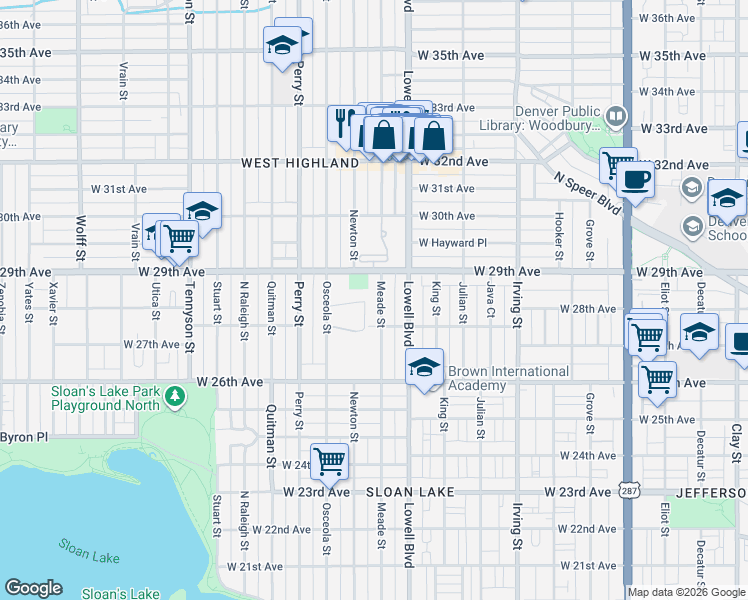map of restaurants, bars, coffee shops, grocery stores, and more near 2811 Meade Street in Denver