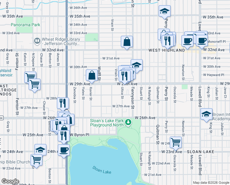 map of restaurants, bars, coffee shops, grocery stores, and more near 2808 Vrain Street in Denver