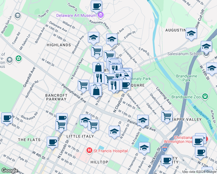 map of restaurants, bars, coffee shops, grocery stores, and more near 1701 West 14th Street in Wilmington