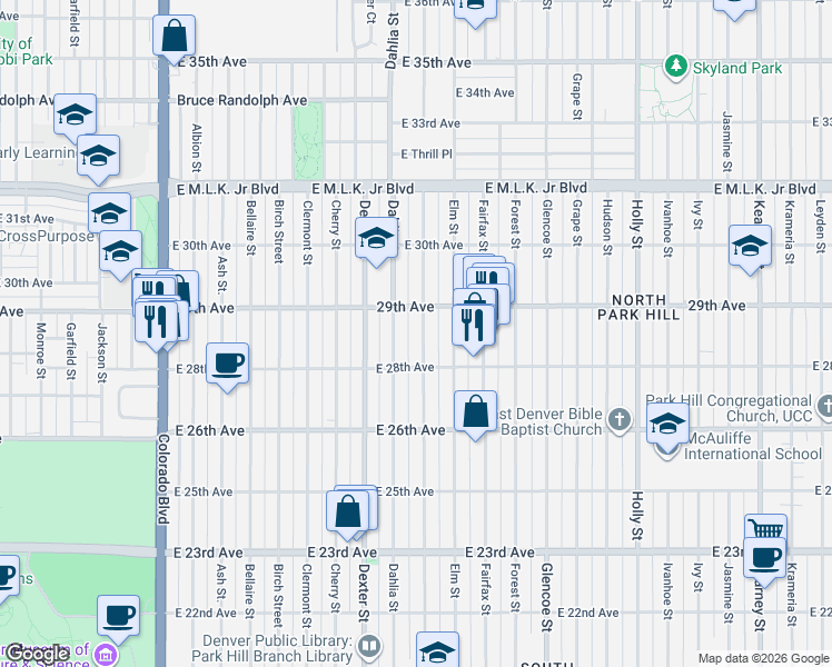 map of restaurants, bars, coffee shops, grocery stores, and more near 2855 Eudora Street in Denver