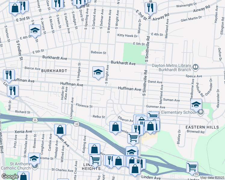 map of restaurants, bars, coffee shops, grocery stores, and more near 1428 Huffman Avenue in Dayton