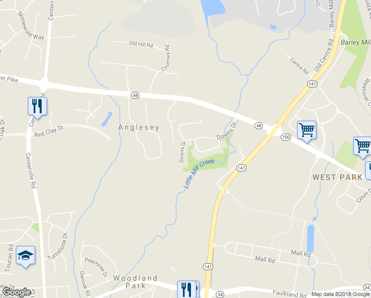 map of restaurants, bars, coffee shops, grocery stores, and more near 103 Downs Drive in Wilmington