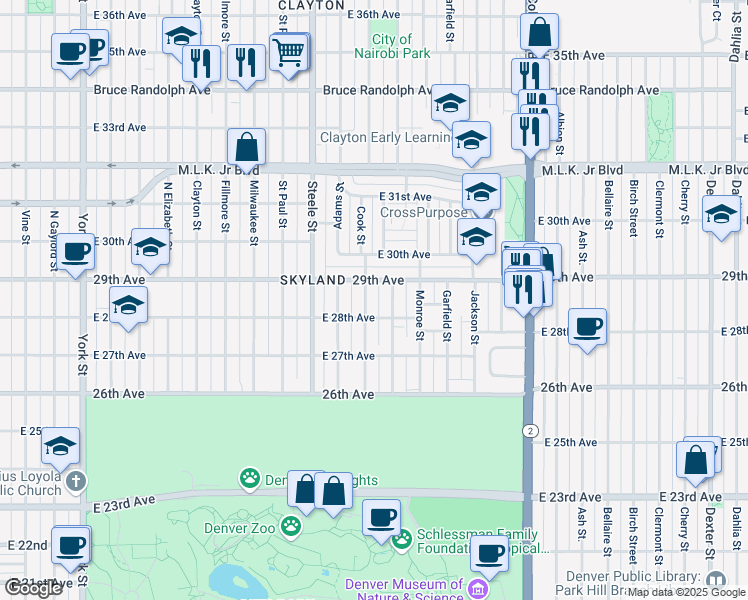 map of restaurants, bars, coffee shops, grocery stores, and more near 2828 Cook Street in Denver