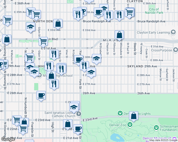 map of restaurants, bars, coffee shops, grocery stores, and more near 2830 Josephine Street in Denver