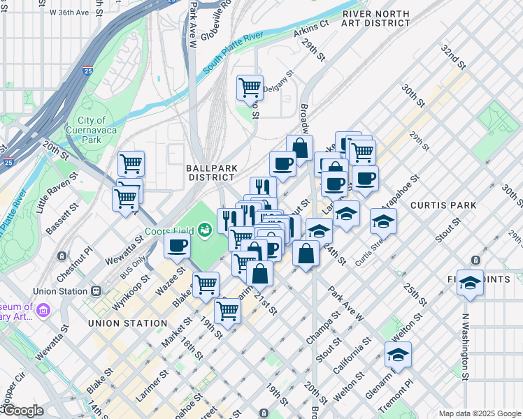 map of restaurants, bars, coffee shops, grocery stores, and more near 2301 Blake Street in Denver