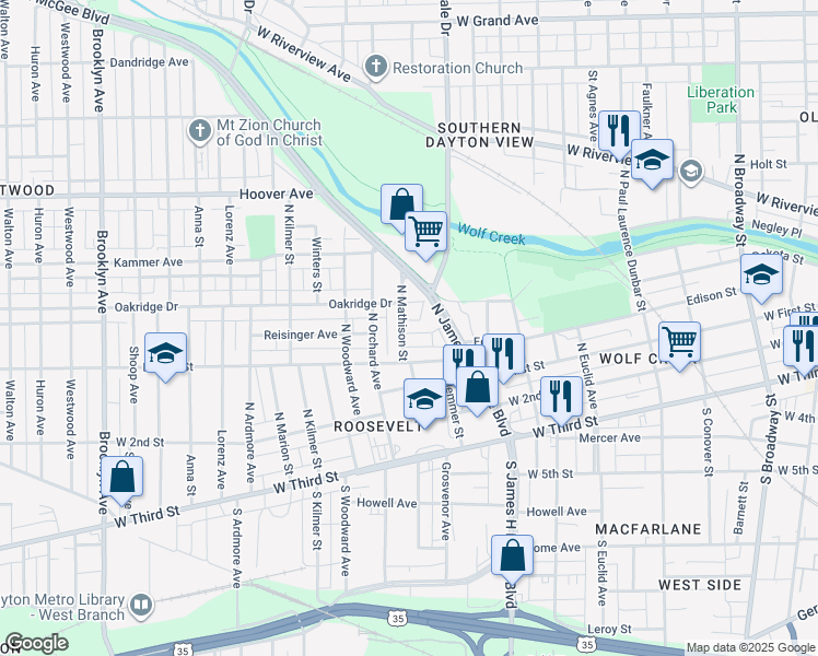 map of restaurants, bars, coffee shops, grocery stores, and more near 53 Mason Street in Dayton