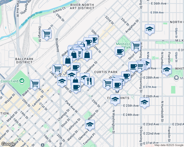 map of restaurants, bars, coffee shops, grocery stores, and more near 2663 Curtis Street in Denver