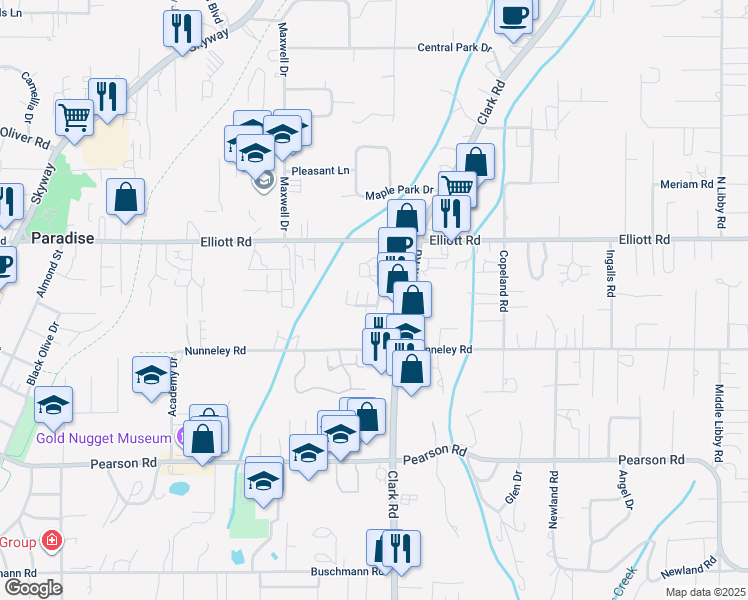 map of restaurants, bars, coffee shops, grocery stores, and more near 1090 Shadowbrook Way in Paradise
