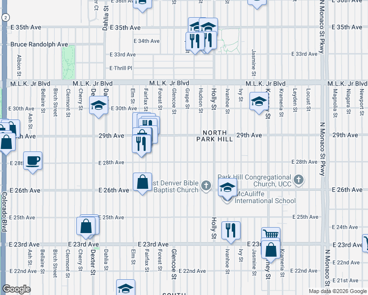 map of restaurants, bars, coffee shops, grocery stores, and more near 2855 Grape Street in Denver