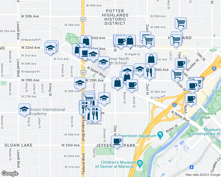 map of restaurants, bars, coffee shops, grocery stores, and more near 2719 West 28th Avenue in Denver