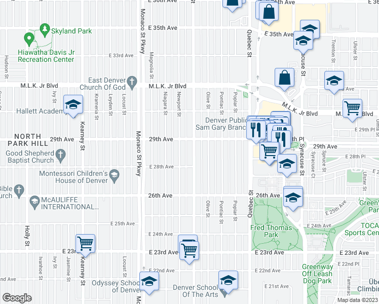 map of restaurants, bars, coffee shops, grocery stores, and more near 2855 Oneida Street in Denver