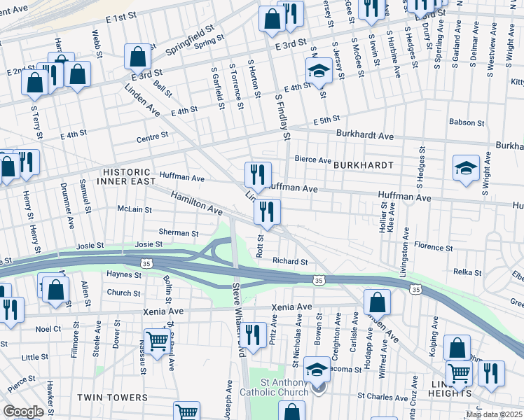 map of restaurants, bars, coffee shops, grocery stores, and more near 413c Linden Avenue in Dayton