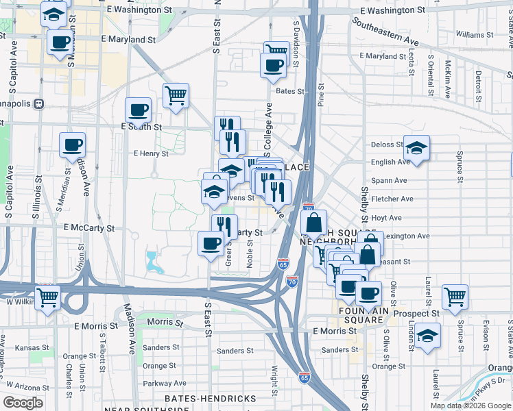map of restaurants, bars, coffee shops, grocery stores, and more near 654 Noble Street in Indianapolis