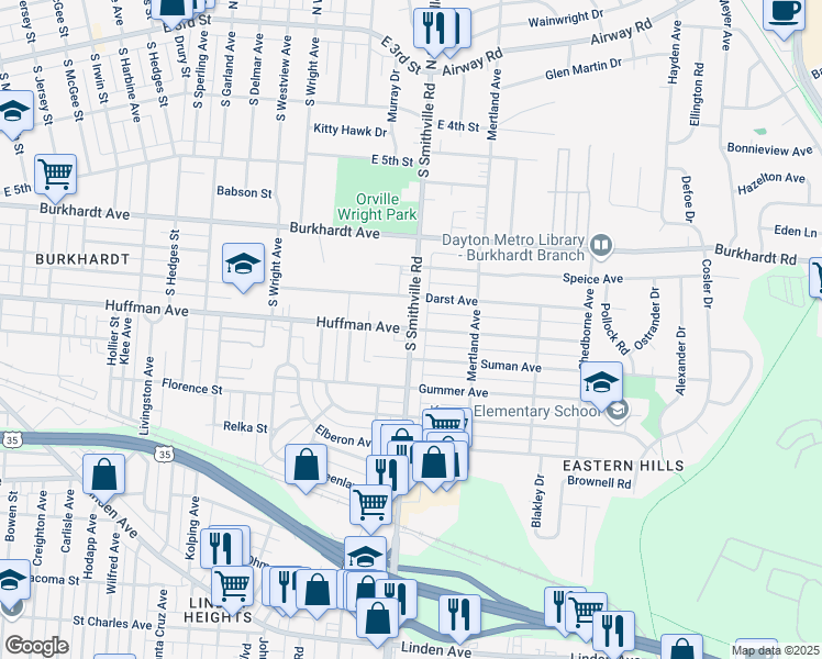 map of restaurants, bars, coffee shops, grocery stores, and more near S Smithville Rd & Huffman Ave in Dayton
