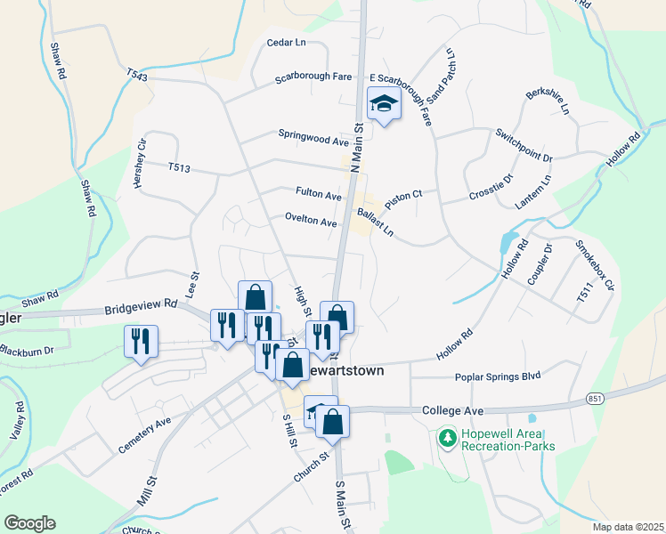 map of restaurants, bars, coffee shops, grocery stores, and more near 42 North Main Street in Stewartstown