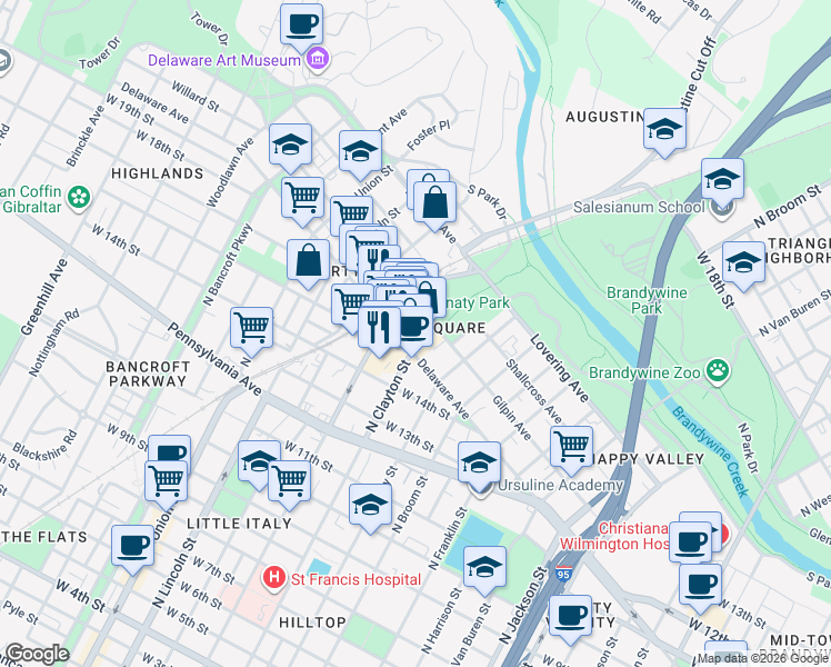 map of restaurants, bars, coffee shops, grocery stores, and more near in Wilmington