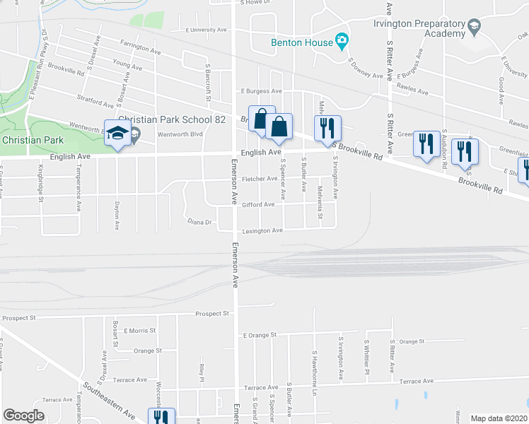 map of restaurants, bars, coffee shops, grocery stores, and more near 709 South Grand Avenue in Indianapolis