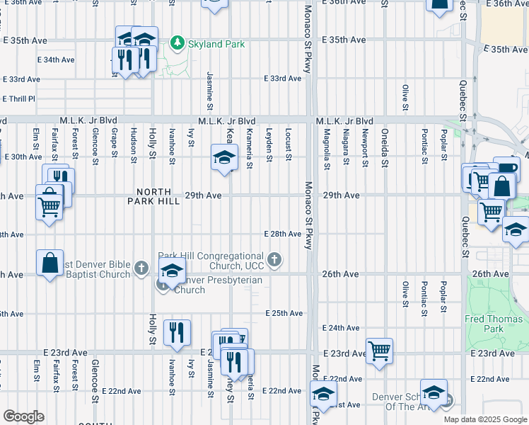 map of restaurants, bars, coffee shops, grocery stores, and more near 2845 Leyden Street in Denver