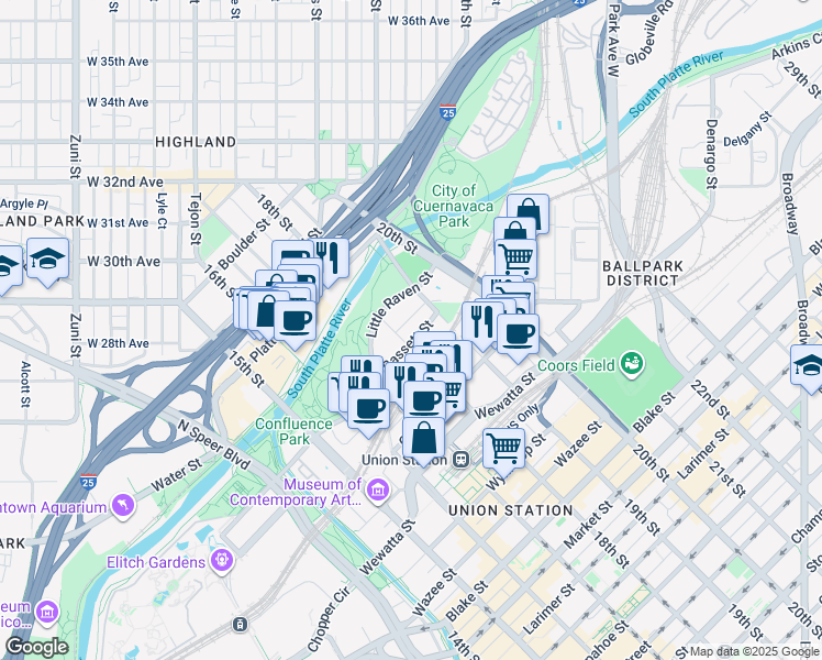 map of restaurants, bars, coffee shops, grocery stores, and more near 1801 Bassett Street in Denver