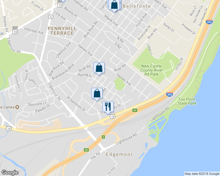 map of restaurants, bars, coffee shops, grocery stores, and more near 42 North Rodney Drive in Wilmington