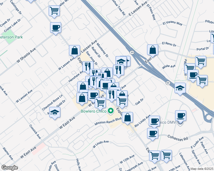 map of restaurants, bars, coffee shops, grocery stores, and more near in Chico
