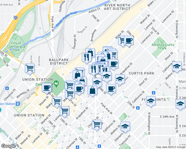 map of restaurants, bars, coffee shops, grocery stores, and more near 2441 Broadway in Denver