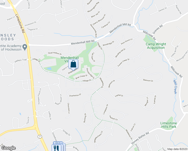 map of restaurants, bars, coffee shops, grocery stores, and more near 807 Stockbridge Drive in Hockessin