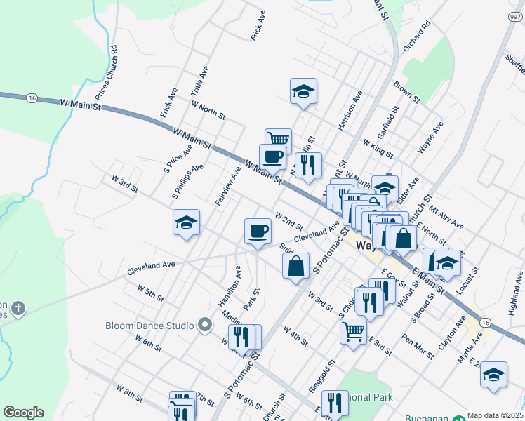 map of restaurants, bars, coffee shops, grocery stores, and more near 284 West 2nd Street in Waynesboro