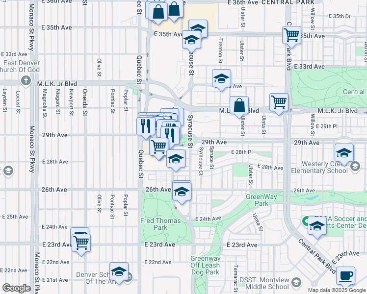 map of restaurants, bars, coffee shops, grocery stores, and more near 7500 East 29th Avenue in Denver