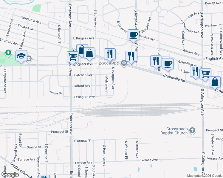 map of restaurants, bars, coffee shops, grocery stores, and more near 715 Melvenia Street in Indianapolis