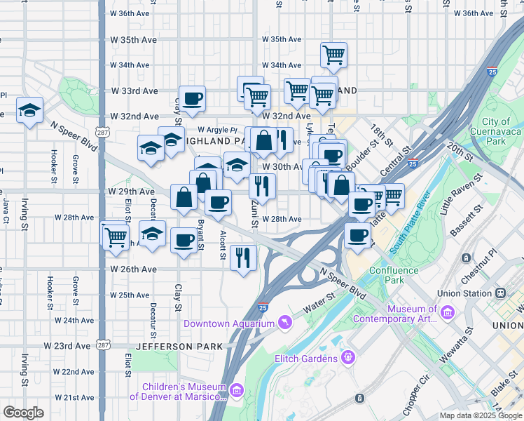 map of restaurants, bars, coffee shops, grocery stores, and more near 2826 Zuni Street in Denver