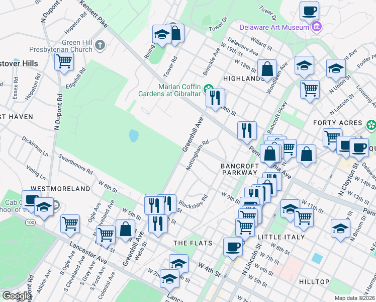 map of restaurants, bars, coffee shops, grocery stores, and more near 908 Greenhill Avenue in Wilmington