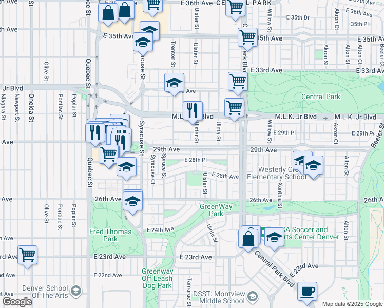 map of restaurants, bars, coffee shops, grocery stores, and more near 8049 28th Place in Denver