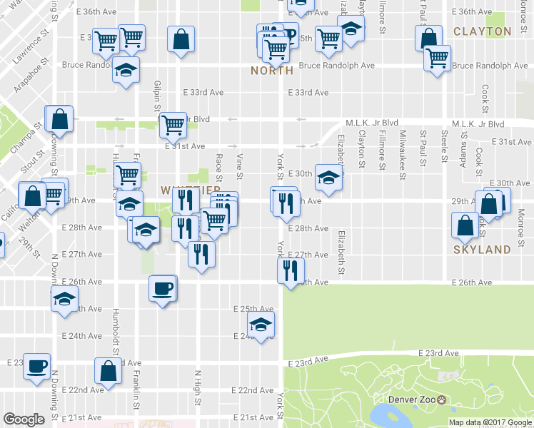 map of restaurants, bars, coffee shops, grocery stores, and more near 2824 North Gaylord Street in Denver