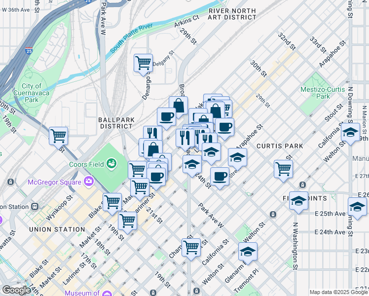 map of restaurants, bars, coffee shops, grocery stores, and more near 2441 Broadway in Denver