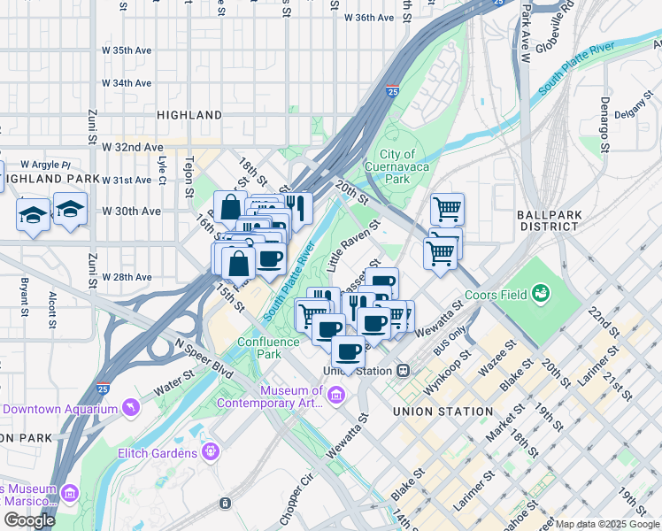 map of restaurants, bars, coffee shops, grocery stores, and more near 2101 15th Street in Denver