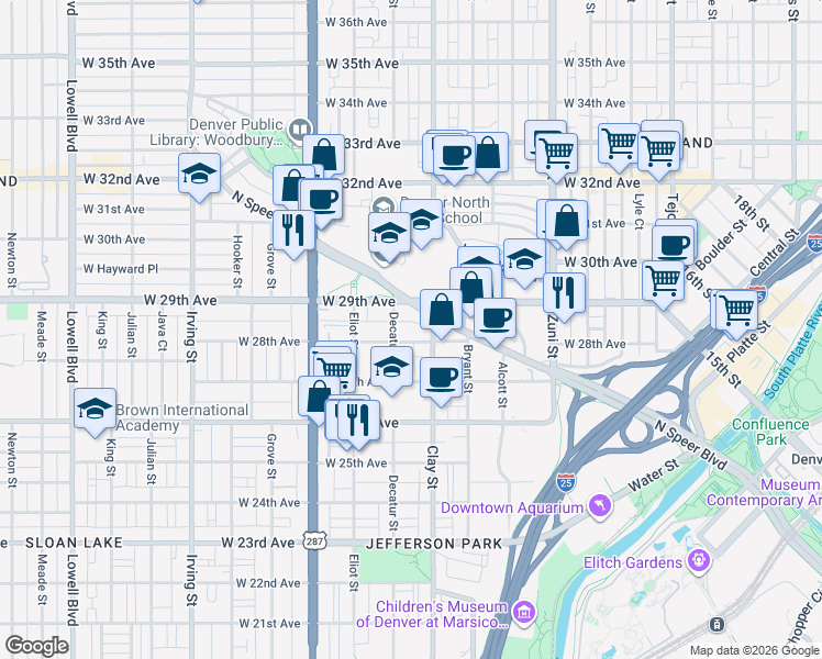 map of restaurants, bars, coffee shops, grocery stores, and more near 2719 West 28th Avenue in Denver
