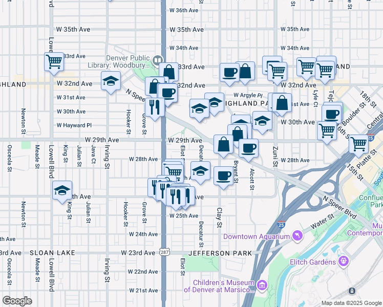 map of restaurants, bars, coffee shops, grocery stores, and more near 2811 West 28th Avenue in Denver