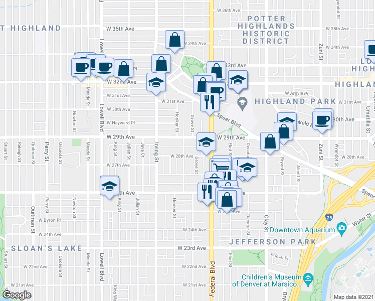 map of restaurants, bars, coffee shops, grocery stores, and more near 3115 West 28th Avenue in Denver