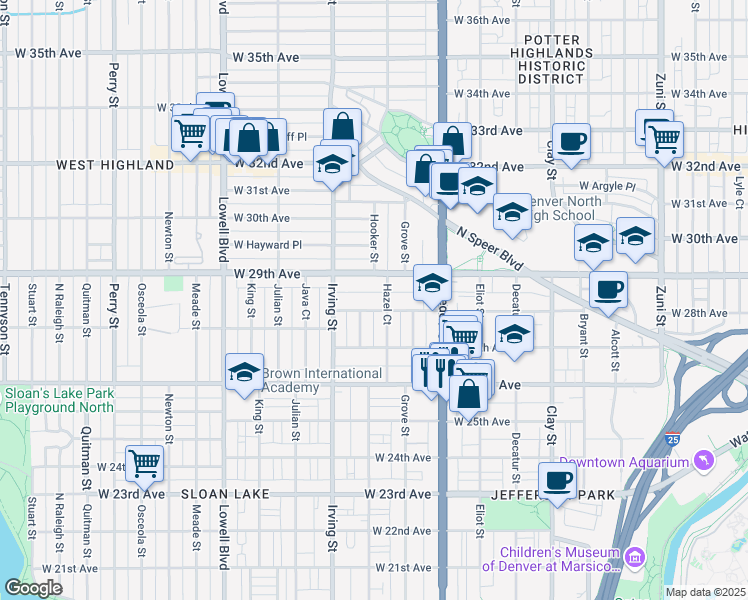 map of restaurants, bars, coffee shops, grocery stores, and more near 3181 West 28th Avenue in Denver