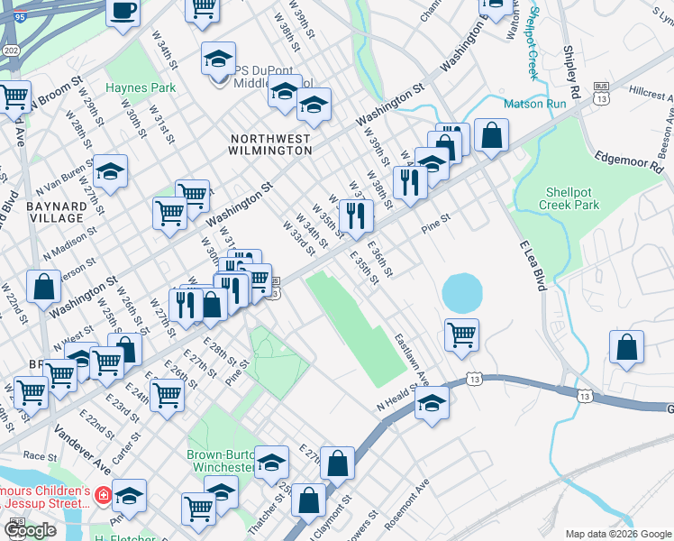 map of restaurants, bars, coffee shops, grocery stores, and more near 116 McMullen Circle in Wilmington