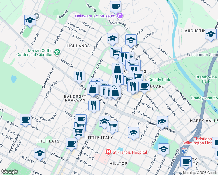 map of restaurants, bars, coffee shops, grocery stores, and more near 1316 North Union Street in Wilmington