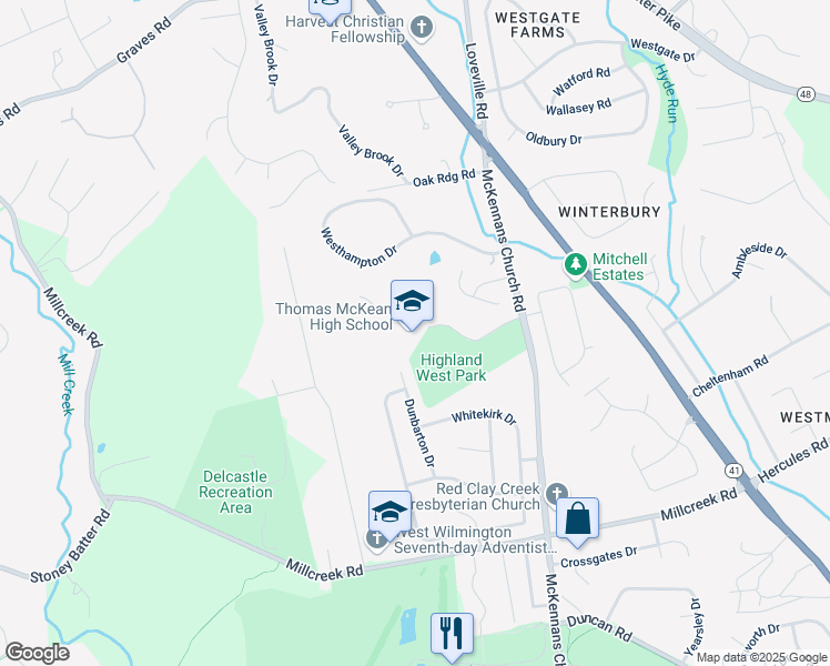 map of restaurants, bars, coffee shops, grocery stores, and more near 301 McKennans Church Road in Wilmington