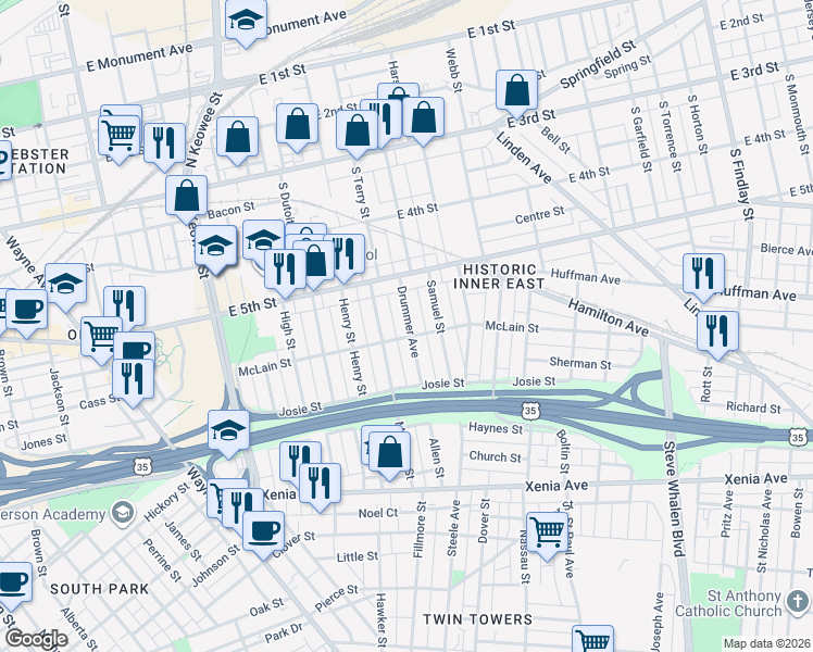 map of restaurants, bars, coffee shops, grocery stores, and more near 67 Drummer Avenue in Dayton