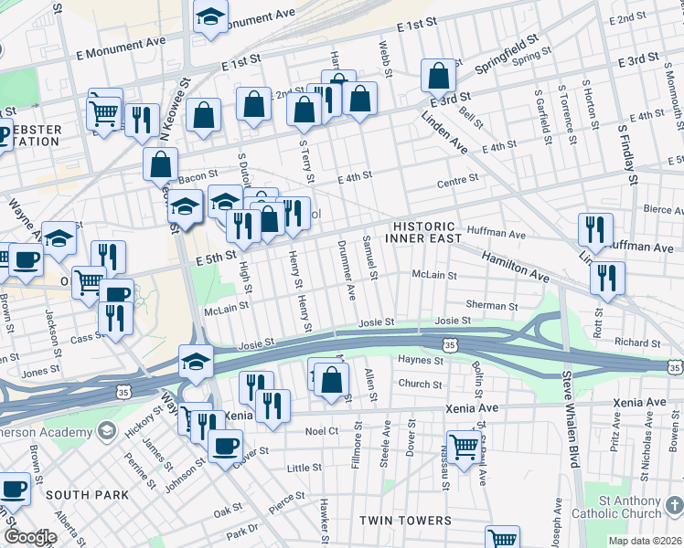 map of restaurants, bars, coffee shops, grocery stores, and more near 67 Drummer Avenue in Dayton