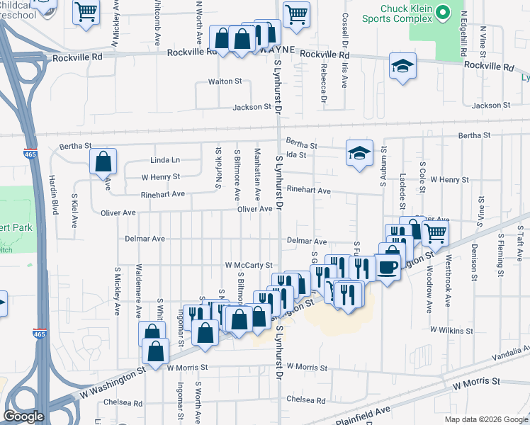 map of restaurants, bars, coffee shops, grocery stores, and more near 606 Manhattan Avenue in Indianapolis