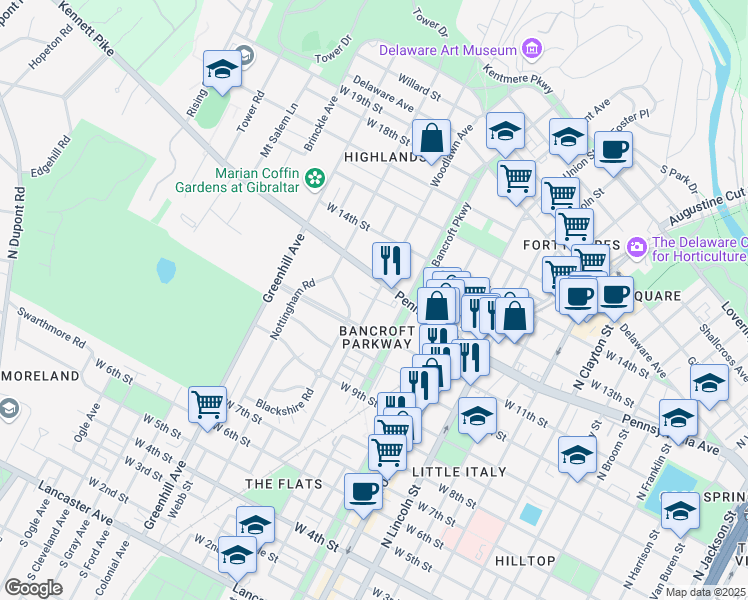 map of restaurants, bars, coffee shops, grocery stores, and more near 2304 West 12th Street in Wilmington