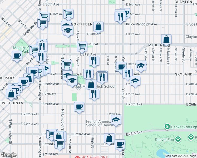 map of restaurants, bars, coffee shops, grocery stores, and more near 2829 Race Street in Denver
